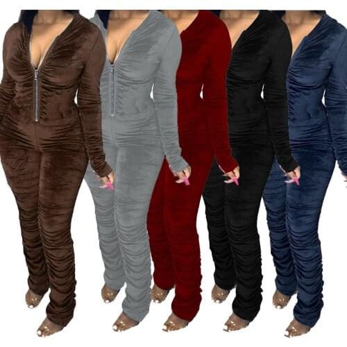 Solid Color Zipper Stacked Sweartpants Women Jumpsuits Round Neck Long Sleeve Jogger Slim Rompers Autumn Winter Casual Clothes