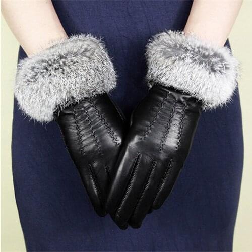 Womens Sheepskin Gloves Genuine Leather Fashion Wrist Rabbit Hair Driving Gloves Winter Keep Warm Plus Velvet WF1605