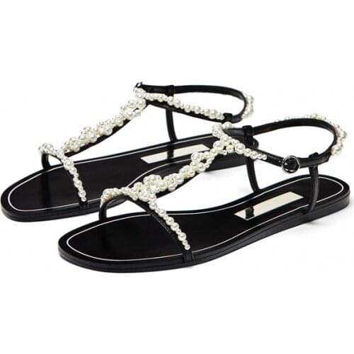 Moraima Snc Newest Open Toe Flat Sandals Woman T-strap Pearls Beaded Summer Casual Shoes Beach Wear Gladiator Sandal