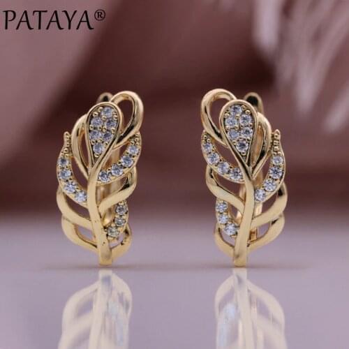 PATAYA New Trend Girls Cute Leaf Hollow Earrings Natural Zircon Long Drop Earrings Women 585 Rose Gold Creative Fashion Jewelry