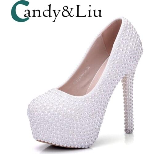 White Pearl Wedding Shoes Beaded Slip-on Round Toe with Platform Super High Heel Women Pumps for Party Banquet Evening Dress