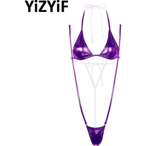 Womens Erotic Shiny Metallic Mini Micro Bikini Lingerie Set Halter Neck Self-tie Bra Top with Suspender G-String Thong Bikini