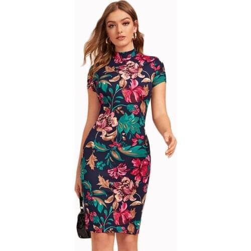 Multicolor Mock-Neck Form Fitted Floral Print Dress Women Spring Cap Sleeve Bodycon Elegant Pencil Midi Dresses
