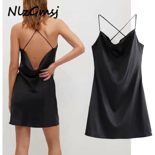Nlzgmsj Za Dress Women Black Rear Back Cross Suspender Dress 2021 V Neck Sleeveless Backless Sexy Female Mini Dresses