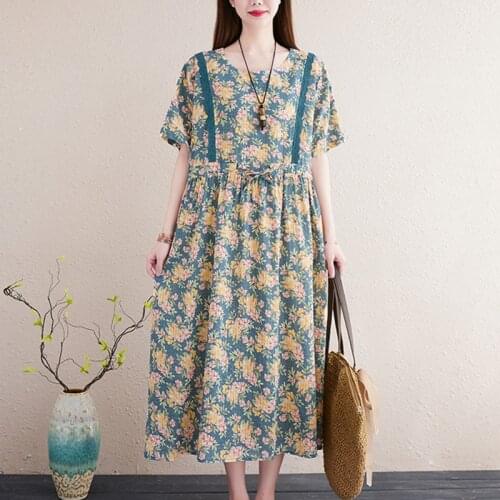 Korea Style Cotton Linen Patchwork Lace Print Flroal Vintage Dress Women Travel Casual Summer Dress Office Lady OL Work Dress