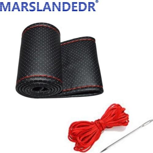 1pcs With Needles RED Cowhide Leather DIY Car Steering Wheel Cover Thread Artificial Faux Leather