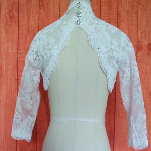 3/4 Long Sleeve Wedding Jacket Lace Wedding Bolero Shawl White Ivory Crystal Buttons Wedding Coat Custom Made
