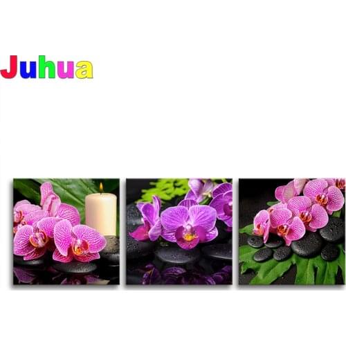 5d diamond mazayka Triptych Diamond Painting full square drill,Orchid Flowers and Stones,Diy Mosaic embroidery,Household Decor