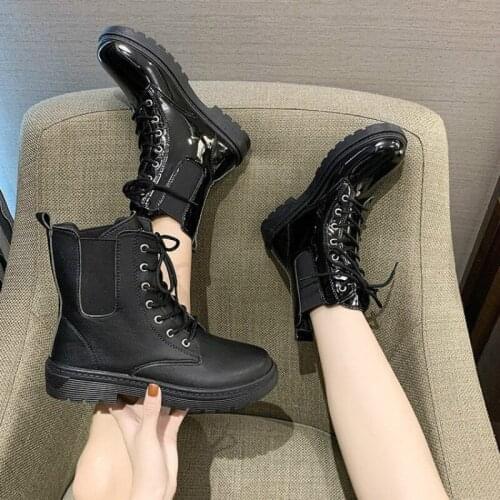 Botas Women Motorcycle Ankle Boots Wedges Female Lace Up Platforms Spring Black Leather Oxford Shoes Woman 2021 Botas Mujer