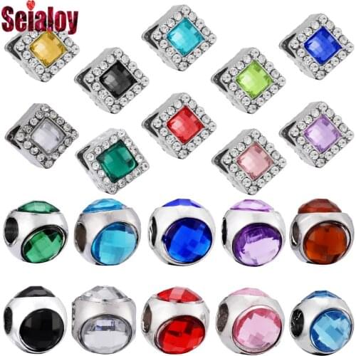 Seialoy 10 Color Rhinestone Bead Silver Color Square & Round Big Hole Beads Fit Diy Bracelets Bangle Jewelry Making Accessories
