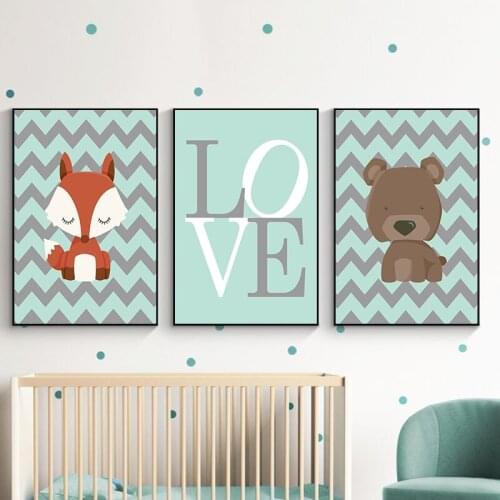 Baby Bedroom Decorative Picture Nursery Wall Art Poster Print Blue Cartoon Animal Canvas Painting Kids Room Nordic Decor Design
