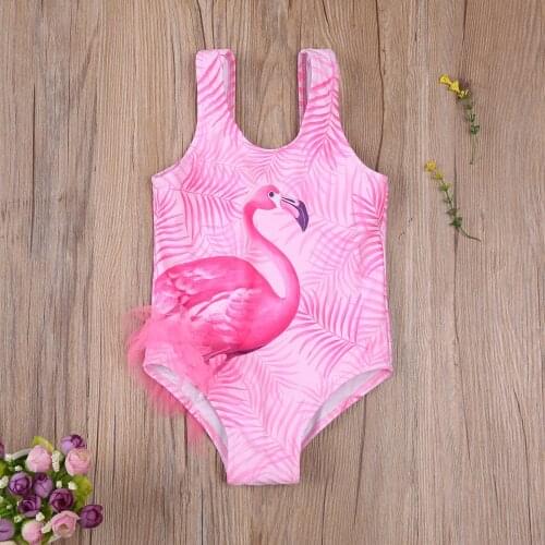 Breathable Little Girls Swimsuit, Summer Children Cartoon Flamingo Printing Sleeveless Swimwear for Vacation Travel
