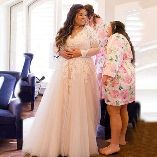 Elegant Vestido Noiva Plus Size Wedding Dress V Neck Illusion Long Sleeves Lace Appliques Tulle Bridal Gown