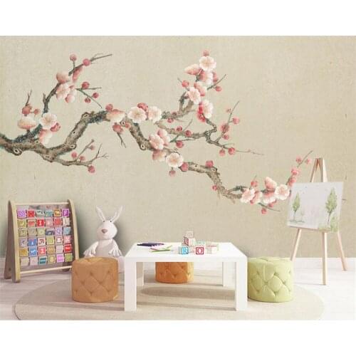 Customized 3d meticulous plum blossom red plum wallpaper new Chinese hand-painted hand-painted flowers and birds background wall
