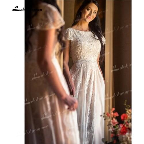 A-Line Lace Wedding Dresses Short Cap Sleeve Boat-Neck Floor-Length Sweep/Brush Train Chiffon Beaded Appliques Beach Bridal Gown