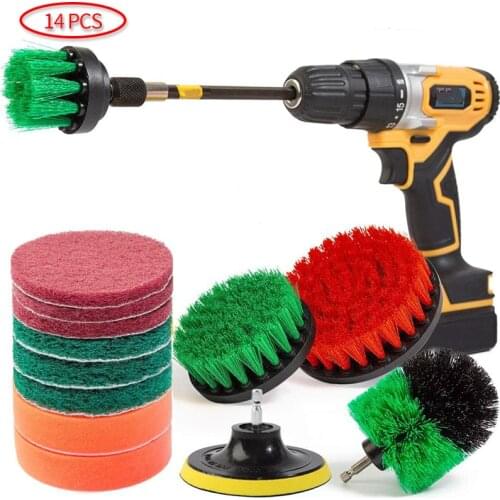 14PCs Electric Drill Brush Set, Scrub Pads & Sponge, Power Scrubber Brush Cleaning Kit with Scrub Pads & Drill bit Extender