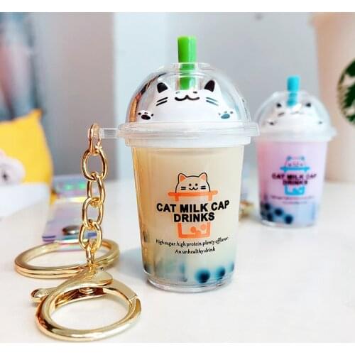 New Keychain Cartoon Cat Car Keychain Mini Milk Tea Cup Liquid Crystal Quicksand Sequin Key Ring Bag Pendant for Women