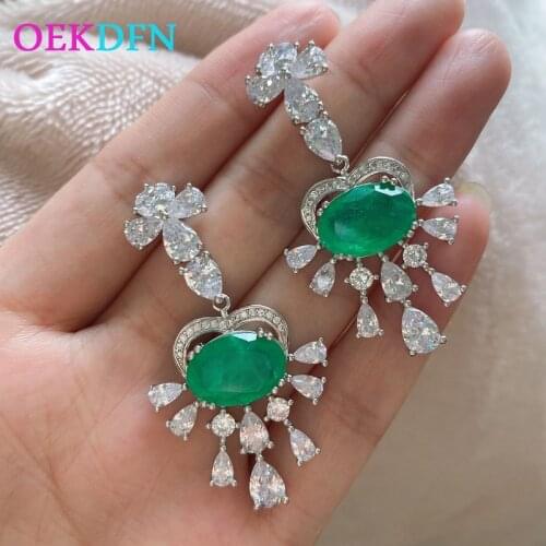 OEKDFN 100% 925 Sterling Silver Drop Earrings Paraiba Tourmaline Emerald Moissanite Wedding Dangle Earrings Luxury Fine Jewelry