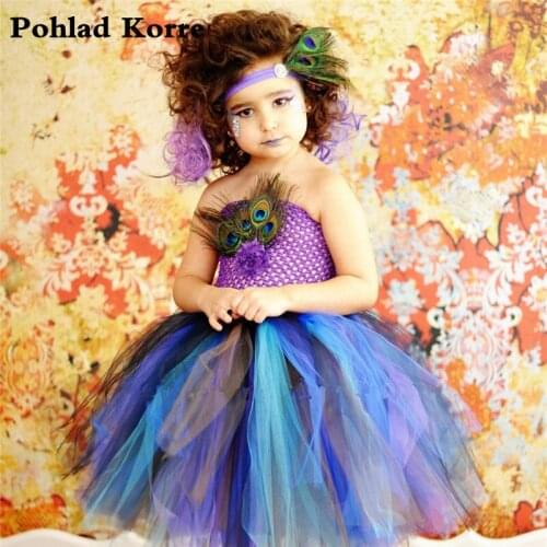 Peacock Feather Girls Tutu Dress With Headband Funny Halloween Costume For Kids Girls Birthday Party Dresses Children Clothes NK