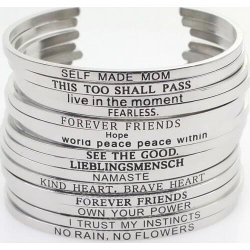 Drop Shipping Stainless Steel Bangle Engraved Positive Inspirational Quote Hand Stamped Cuff Mantra Bracelets For Men Women