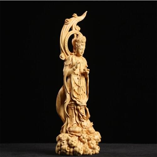 Boxwood 21cm Guanyin Sculpture Wood Carving Worship Buddha Statue Home Decor