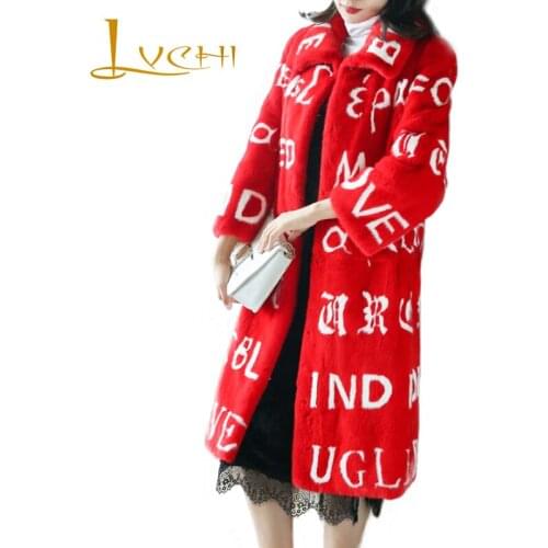 LVCHI Winter 2019 Import Real Mink Fur Coats Print Womens Natural Fur Turn-Down Collar English Letter Long Causal Mink Coats