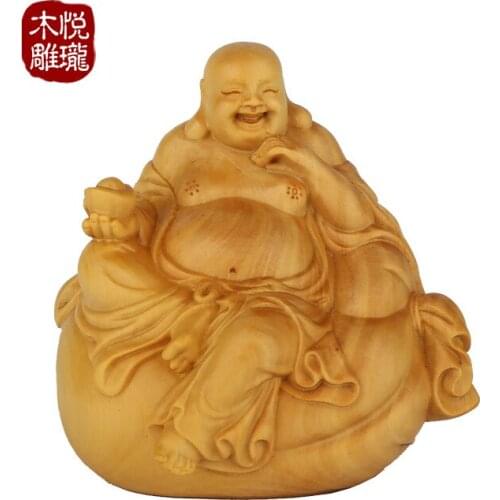 Wood carving happiness Buddha statue, wood crafts gift Home desktop decoration office ornaments (A1095)