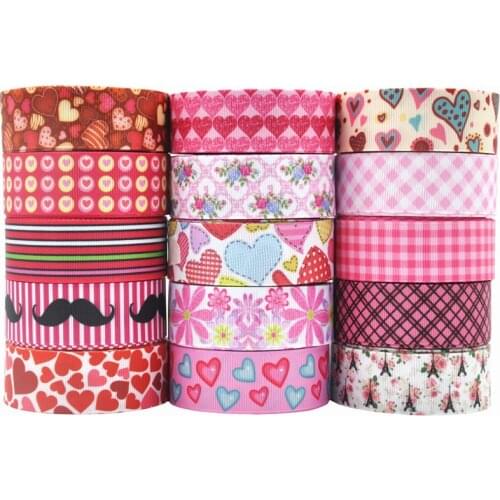 Valentines 10Y 25mm Grid Heart Love flower Grosgrain Ribbon for Wedding Home Decor DIY Party Gift Wrapping Handmade Accessories