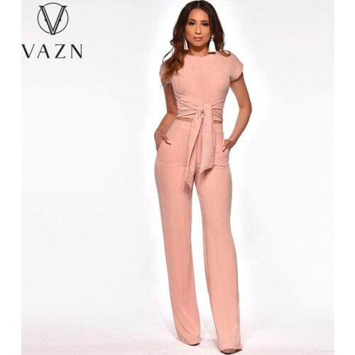 VAZN 2021 Top Quality Sweet Chiffon Office Lady Solid Short Sleeve Long Wide Leg Pant Europe And American Women 2 Piece Set