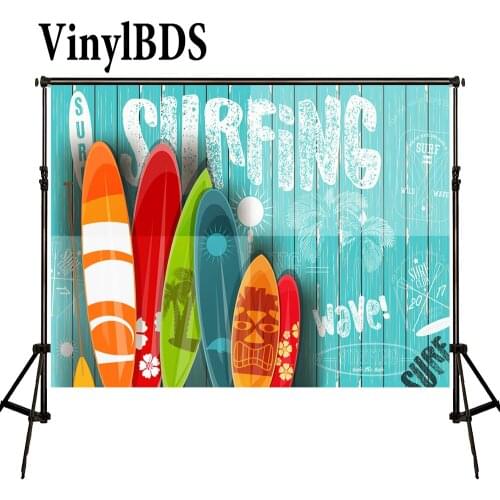 VinylBDS Blue Graffiti Planks Backdrop Colorful Surfboards Beach Background Children Summer Travel Backdrop for Photo Studio
