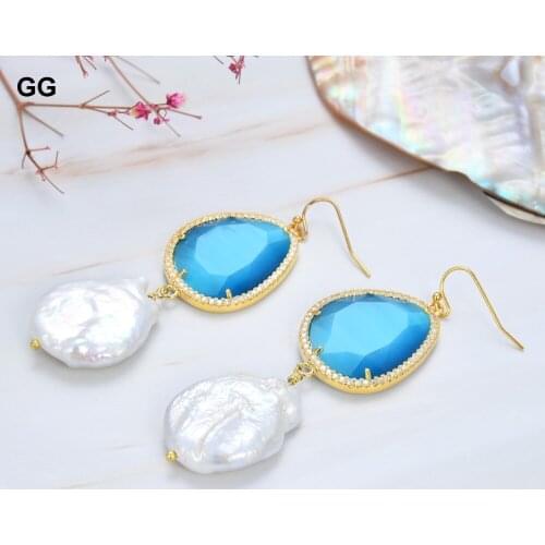 GuaiGuai Jewelry Natural Pearl Cultured White Keshi Pearl Blue Cat eye Cz Paved Hook Dangle Earrings For Women