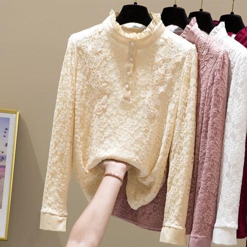 Lace Thicken Fleece Women Blouse And Shirts Solid Ruffles Long-Sleeved Buttoming Shirts Lady Elegant Pulls Outwear Tops