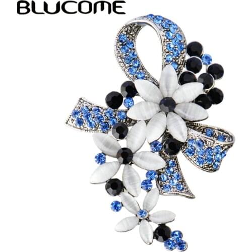 Blucome Vintage Turkish Brooches Flower Bowknot Brooch For Women Scarf Simulated Opals Antique Silver Color Hijab Pin Bijuterias