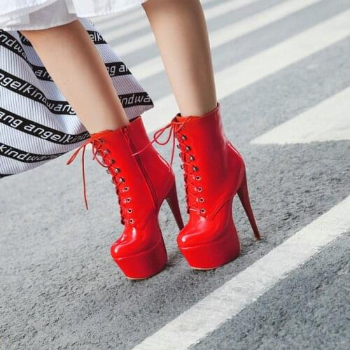Winter boots feminine 16 cm high heels platform ankle boots women leather red white women shoes Large Size 45