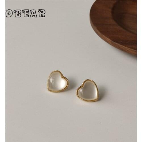 OBEAR 14k Real Gold Plated Nordic Simple Fashion Transparent Heart Crystal Stud Earrings Women Birthday Gift Jewelry