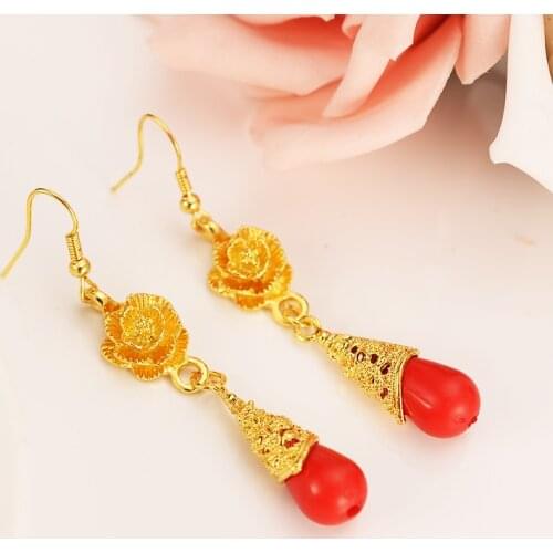 Vintage Statement Fashion Gold rose flower beads Drop Earrings For Women Accessories Earrings Jewelry Brincos girls dubai gift