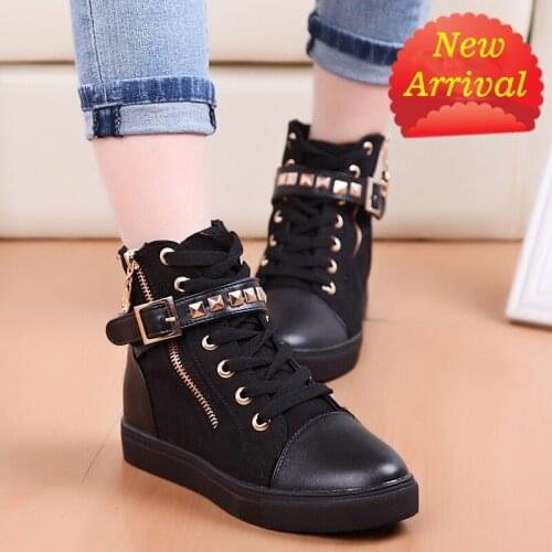 New Woman High Top Black White Boots Shoes Women Casual Platform Vulcanized Flats Shoes PU Leather Sneakers Zapato Mujer