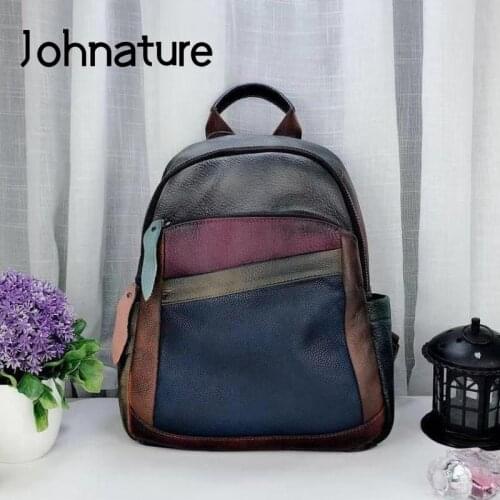 Johnature 2020 New High Quality Women Backpack Genuine Leather Retro Color Stitching Bag Leisure Soft Cowhide Vintage Bagpack