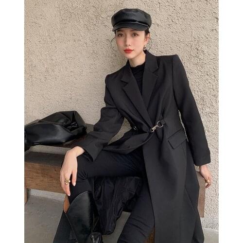 Retro Vintage Ladies black Color Fashion Long trench coats elegant Style female overcoats