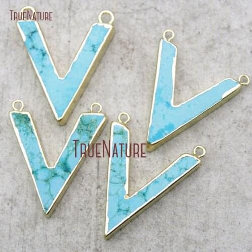 10Pcs Fashion Blue Turquoises Top Double Bail Pendant Pure Gold Color V-shape Pendant Online 33x30mm PM14925