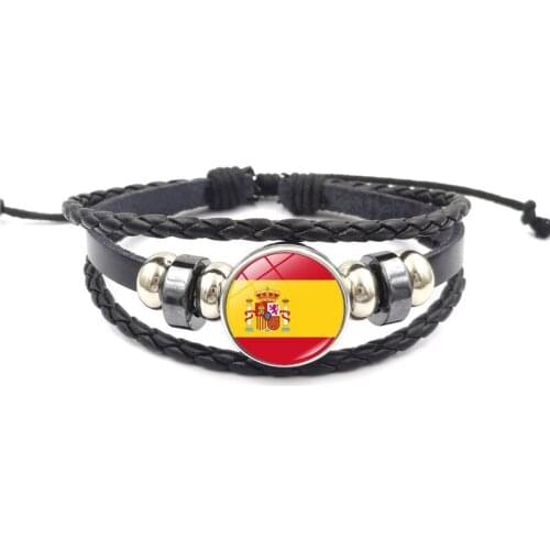 Punk National Flag Bracelet with Glass Cabochon Spain Europe Country National Flag Genuine Leather Button Charm Bracelet Jewelry