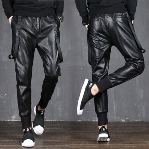 Brand Mens Leather Pants Spring Autumn Hip Hop Korean Style Streetwear Casual Fashion PU Leather Trousers Male Motorcycle Pants