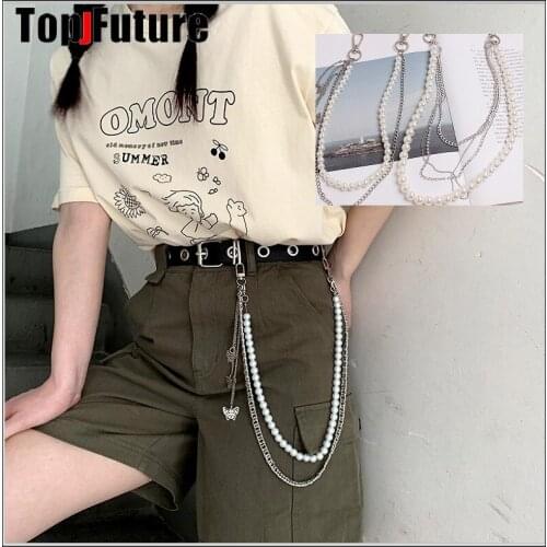 Gothic Lolita Punk jeans Keychain Women Skirts Pants Multi Layer pearl cross Belt Waist chains Hip Hop Hook hiphop Jewelry