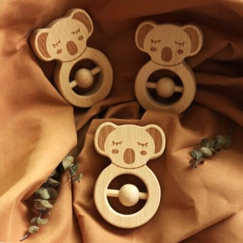 Wooden Animal Shape Necklace Pendant Food Grade Beech Teether Koala Wood Teething Toy for Newborn DIY Baby Teether Toys Rattle
