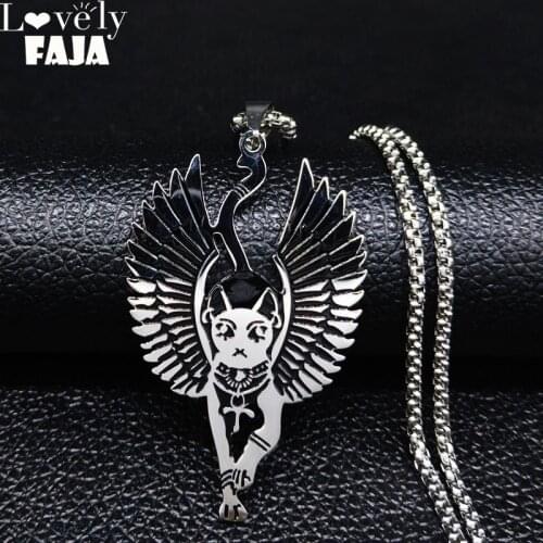 Egypt Cat Bastet Stainless Steel Ancient Egyptian Wiccan Egyptian Sphinx Cat Bastet Necklace wing Amulet Talisman Jewelry N3219