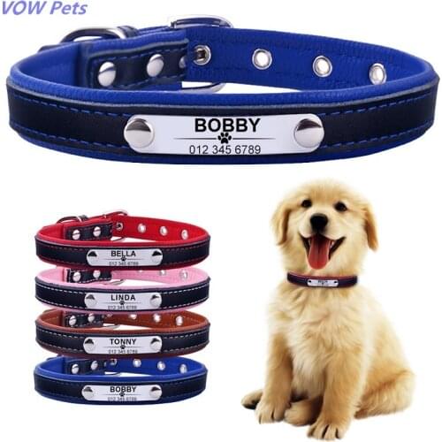 VOW Pets Leather Personalised Dog Collar And Tie Pet Cat Custom Engraved Name ID Tag Puppy Soft L Stainless Steel Sheet Colorful