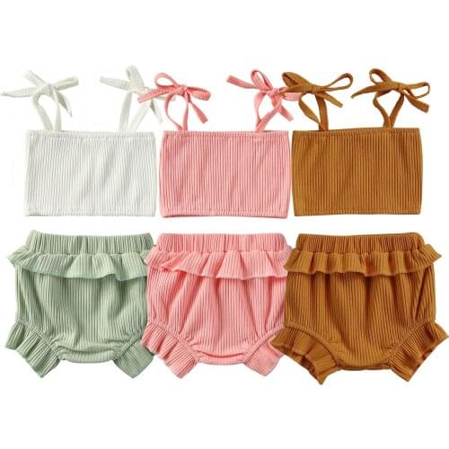 New Baby Girls Sweet Clothes Sets, Sling Sleeveless Tank Tops + Ruffle Short Bottom Outfits