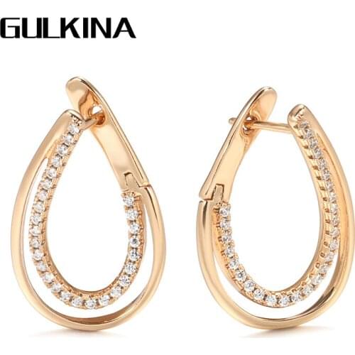 Gulkina Fashion Minimalist Style 585 Rose Gold Drop Earrings Geometric lines Natural Zircon Earrings for Women Fine Jewelry