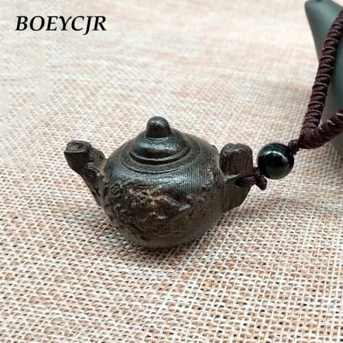 BOEYCJR Chinese Teapot Wood Necklace Chain Handmade Ethnic Adjustable Wood Carvings Pendant Necklace for Men and Women Jewelry