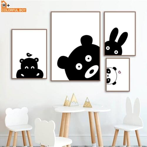 Wall Art Canvas Painting Black White Bear Panda Rabbit Cartoon Nordic Style Kids Decoration Posters And Prints Wall Pictures Boy